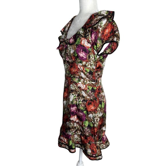 Twelve by Twelve Floral Silk Dress Ruffled Collar Small Multicolor Side Zipper - Picture 3 of 7